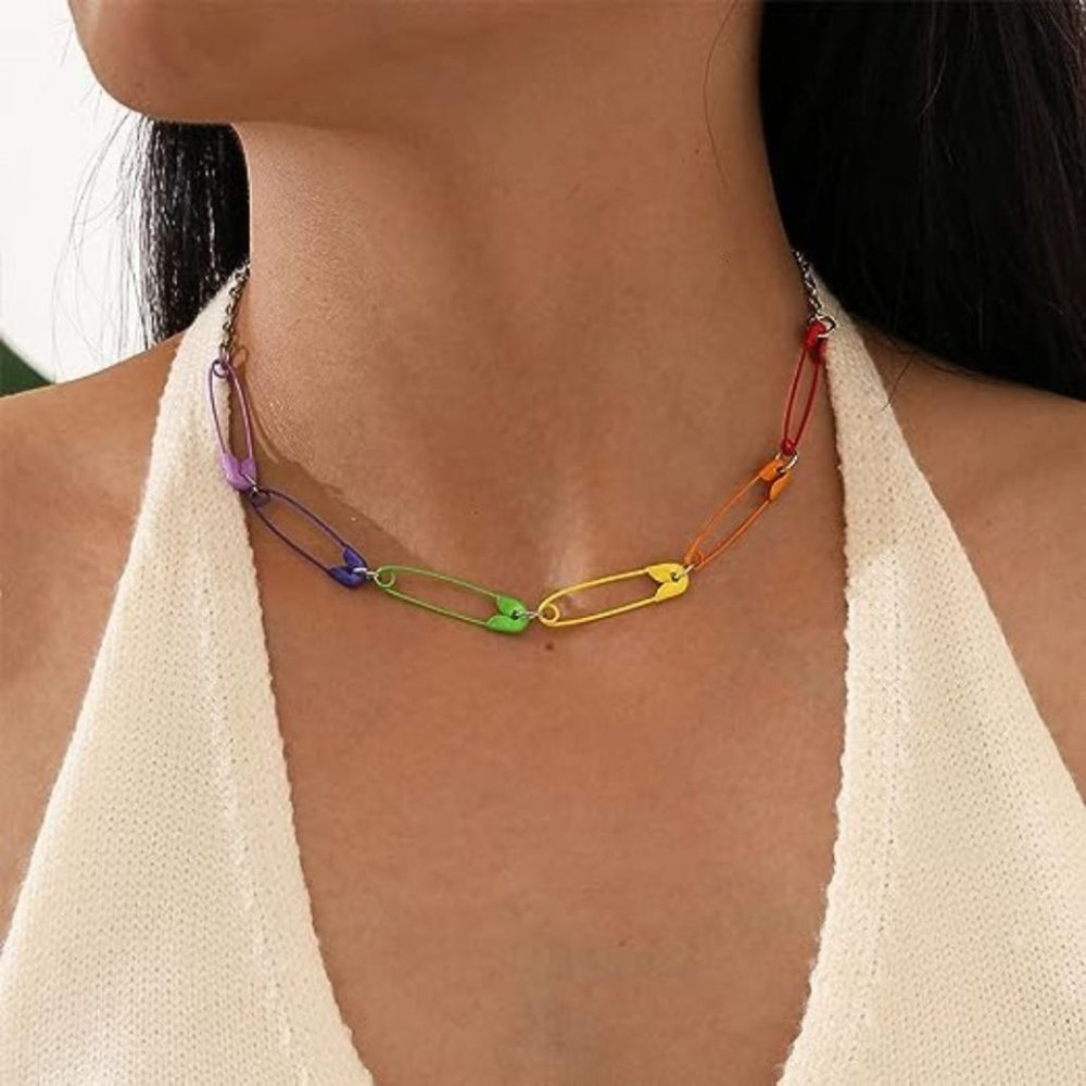 Colorful Rainbow Punk Safety Pin Paperclip Choker Necklace for Women Fashion